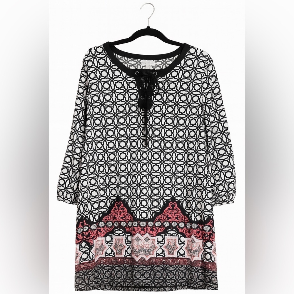 JM Collection Lace-Up Printed Tunic Top Size Large – 3/4 Sleeve Blouse